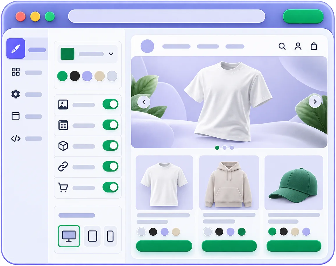 Theme builder dashboard with toggles for images, calendar, 3D, links and cart