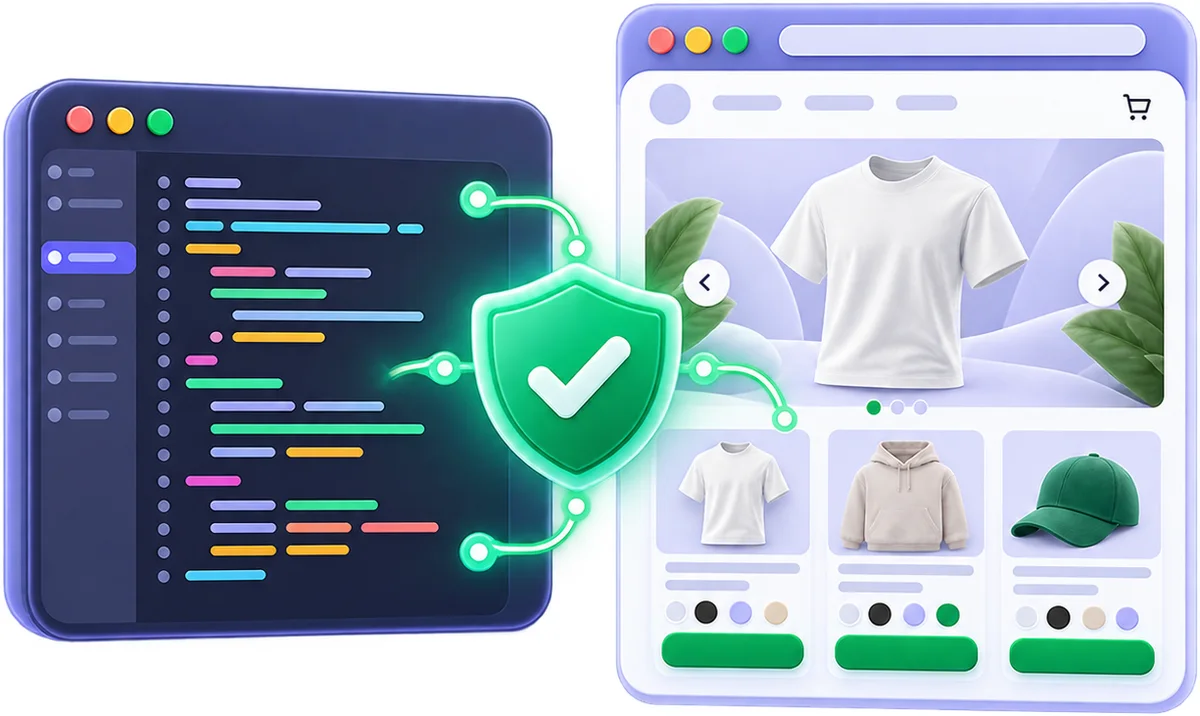 Secure theme integration: code editor connected to a storefront with a green shield