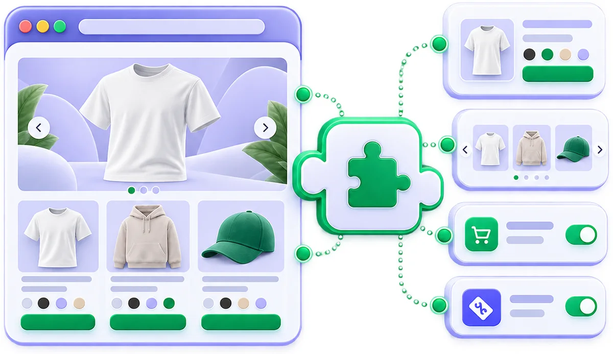 Theme plugin hub: storefront connected via puzzle piece to product, bundle, cart and discount modules